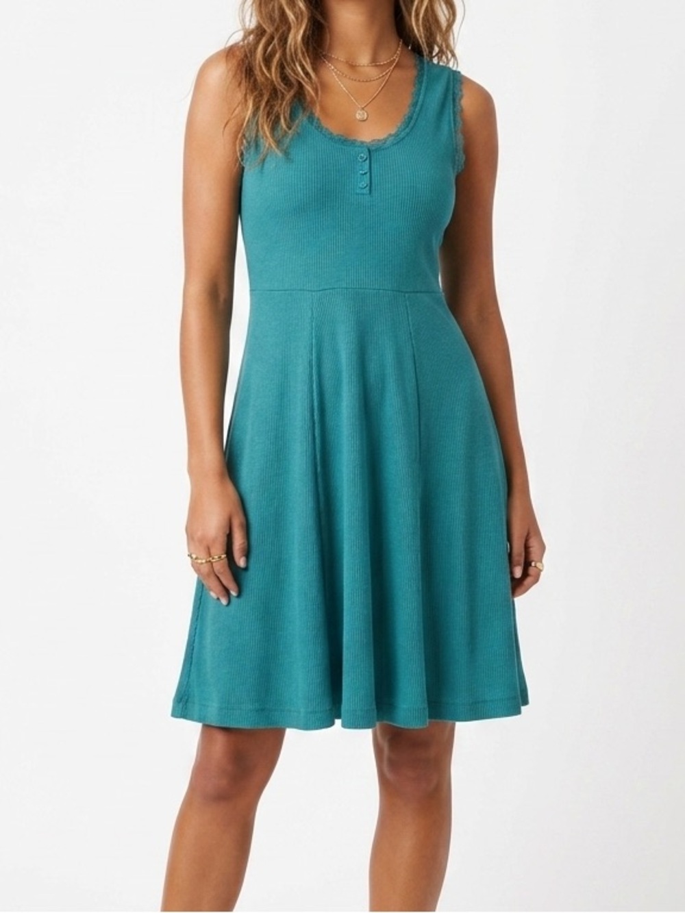 Vintage Teal Ribbed Scoop-Neck Mini Dress